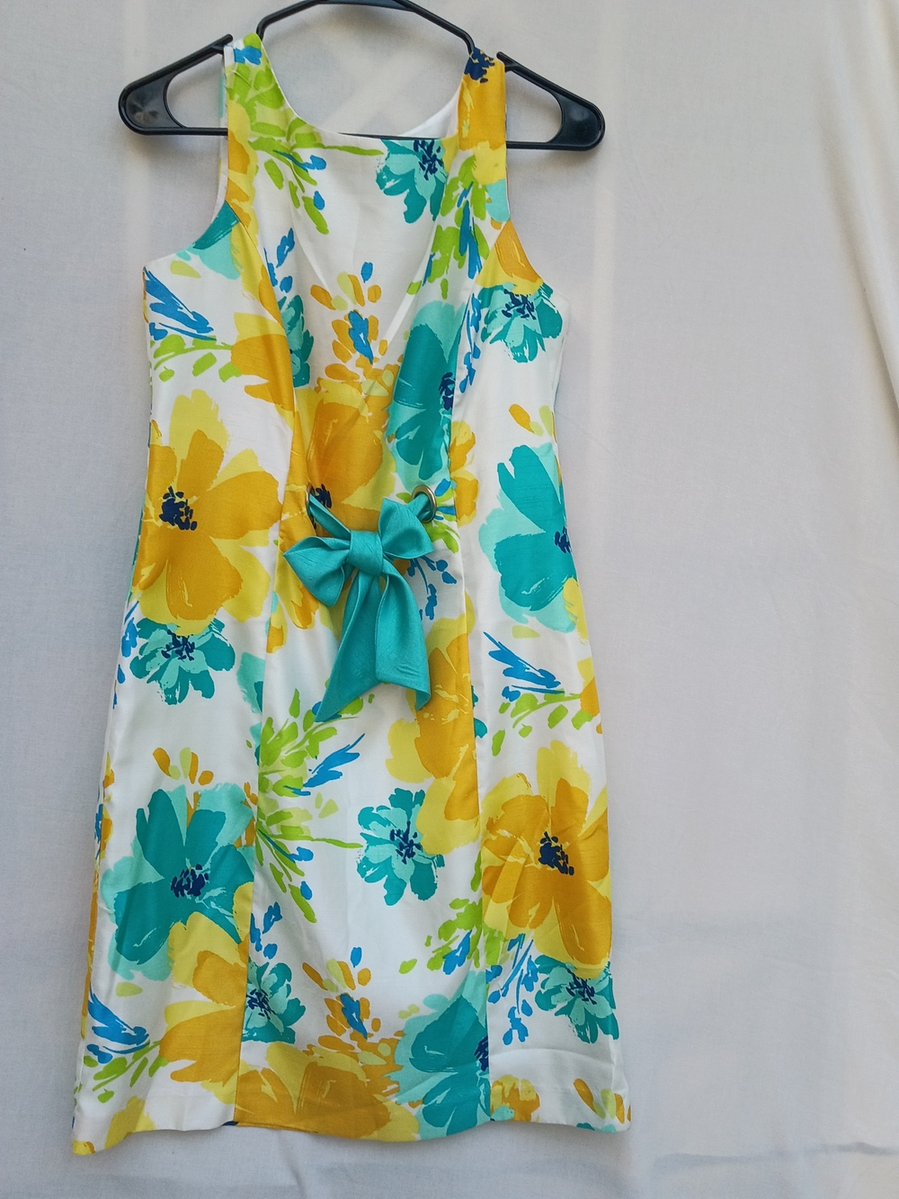 dressbarn White Midi Dress with Yellow & Teal Floral Print